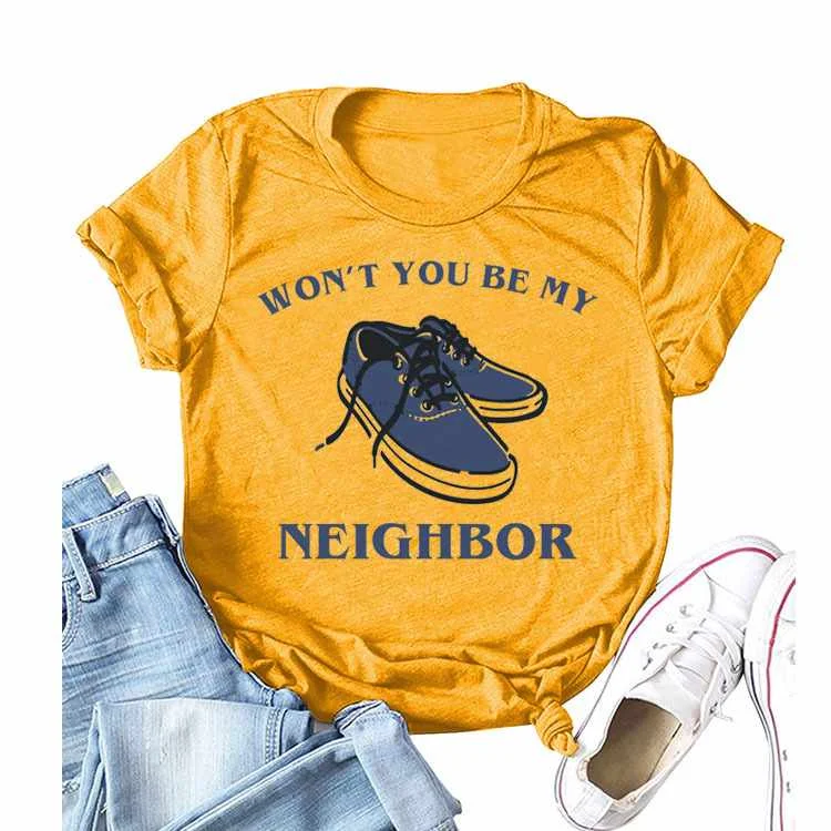 

won't you be my neighbor shoes print round neck short sleeve pullover large size bottoming t-shirt women, Picture showed