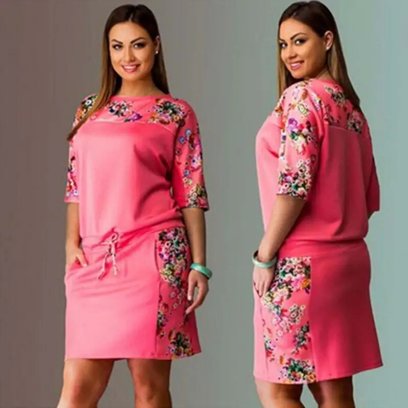 

Elegant Ladies Dress Plus Size  Casual Summer Short Sleeve Women Dresses, Pink, yellow, sky blue