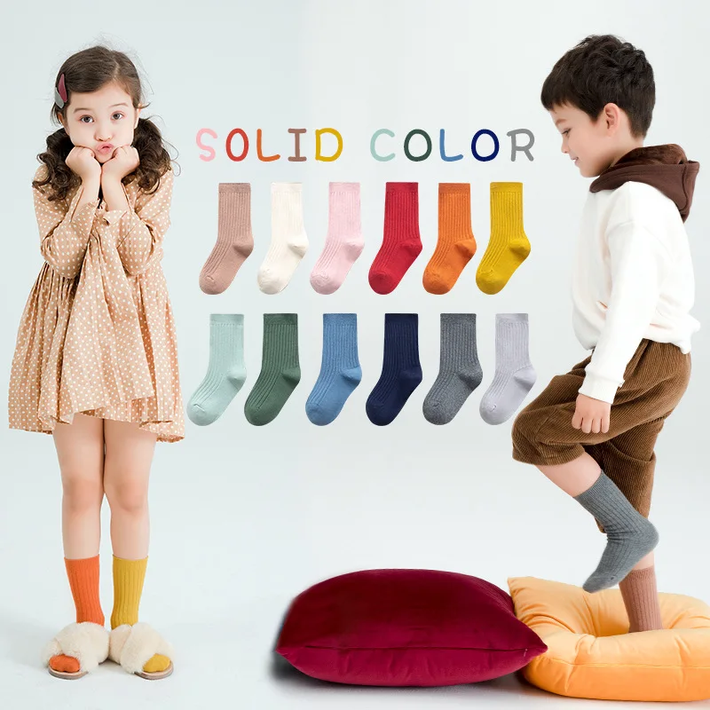 

Autumn and winter new plus velvet thickened children socks baby tube socks unisex solid color striped warm baby socks
