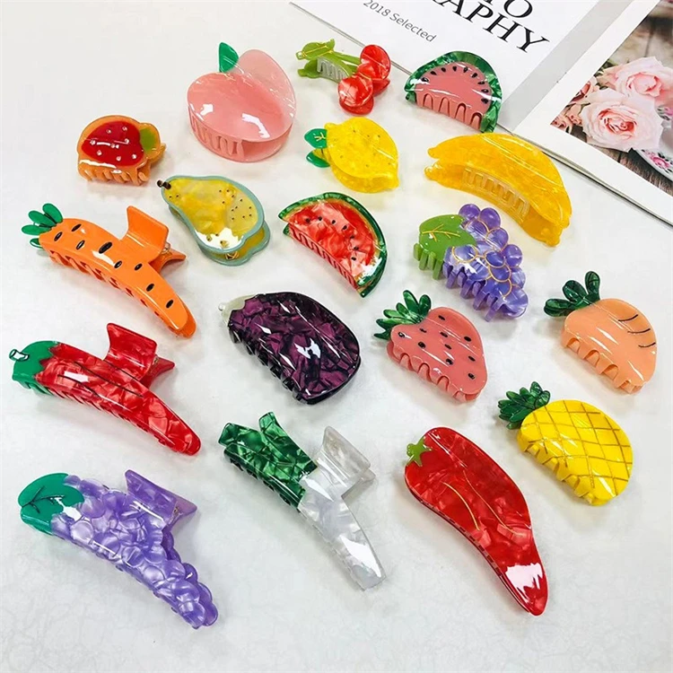 

Customized fancy cellulose acetate hair claws 20 styles fruit vegetable acetate hair claw clips for women