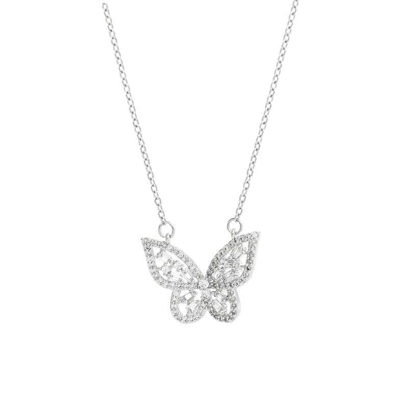 Luxurious and delicate stainless steel and CZ diamond silver plated butterfly necklace.