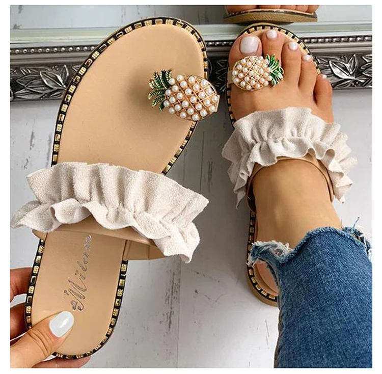 

Pineapple Pattern Toe Ring Frill Hem Casual Flat Sandals Rhinestone Shiny Slippers, Ivory black yellow