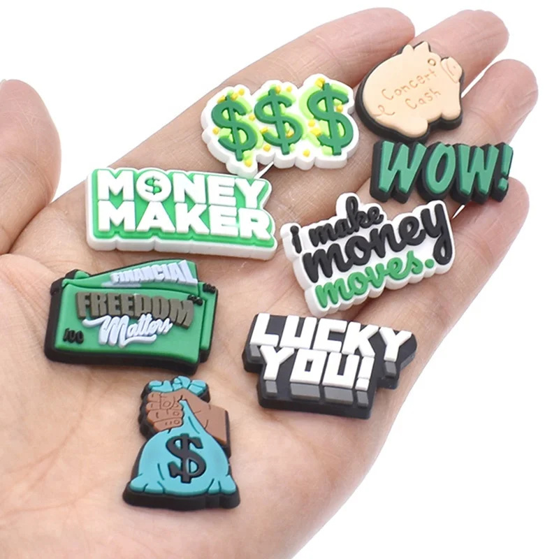 

Money dollar croc shoe charms soft PVC promotional shoes decoration charms for croc charms kids gift, As pics