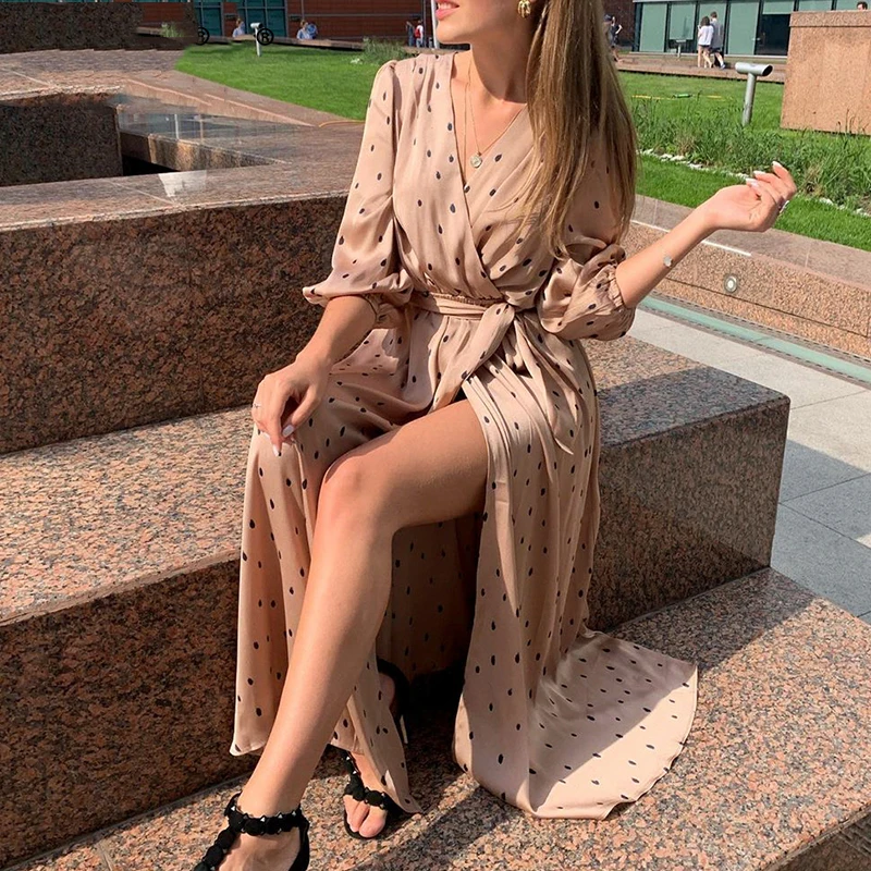 

Polka Dot Wrap Dress Elegant Puff Sleeve A-Neck V-Neck Belt Party Dress, As pictures