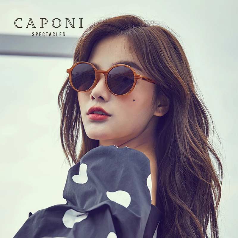 

CAPONI Newest Desgin Luxury Pumpkin Retro Round Eyewear TR Light Weight Frame TAC Polarized Sunglasses Women