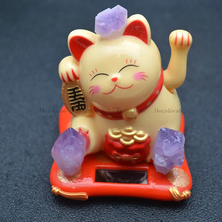 

Natural Druzy Amethyst Solar Energy Cute Money Fortune Cat Home Shop Decor Chinese Lucky Gfit