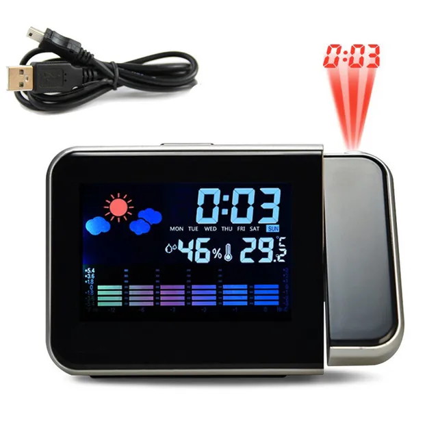 

Digital Alarm Clock Wall Projection Weather LCD Screen Snooze Alarm Dual Laser Rotatable Clock Color Display Desk Watch, Black white