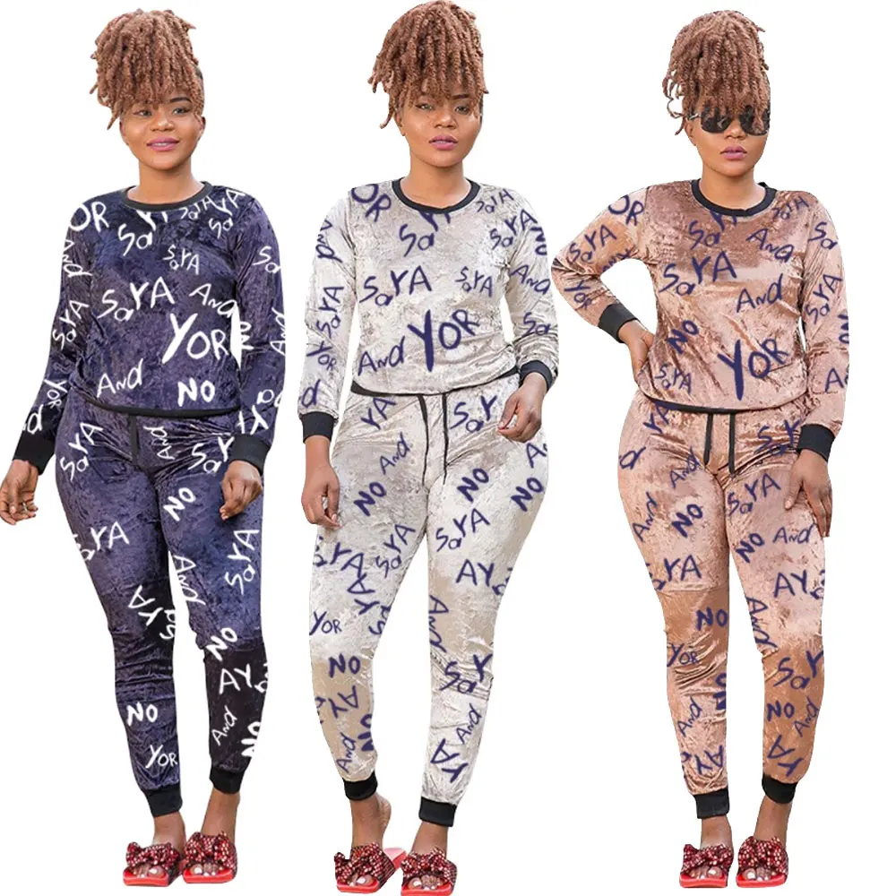 

Wholesale Cheap Price New Fashion Women Long Sleeve O Neck Plus Size Print Velvet Sweatsuit Tracksuits Two Piece Suit Sets, Picture color