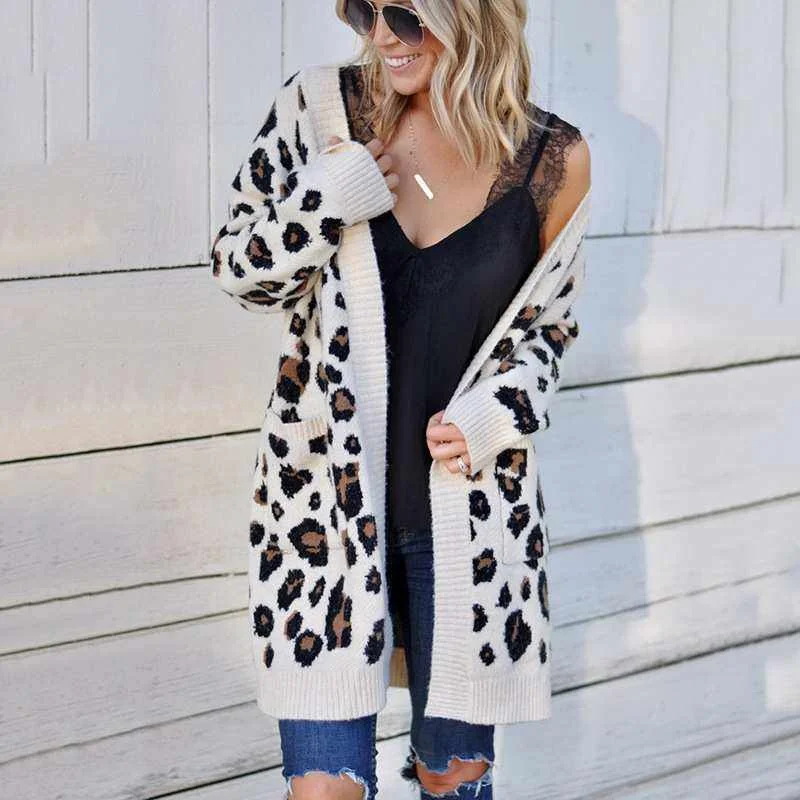 

Women's Knitted Sweater Fashion Three-color Leopard Cardigan Sweater