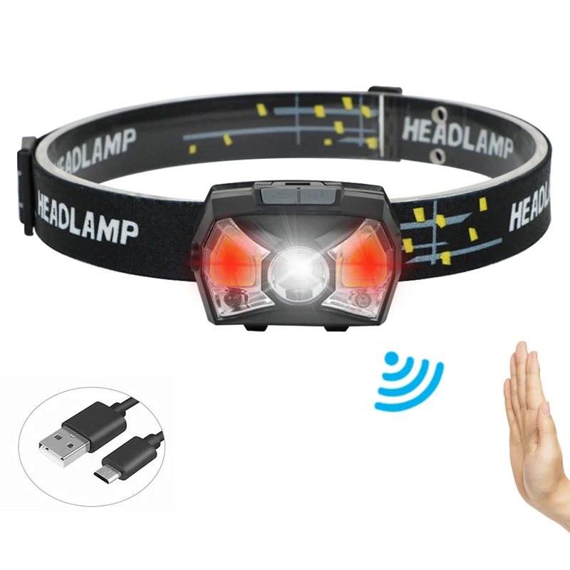 USB Rechargeable High Power Bright Sensor Headlamp 450 Lumen Induction LED Head Light White Red Lighting for Bicycle Fishing