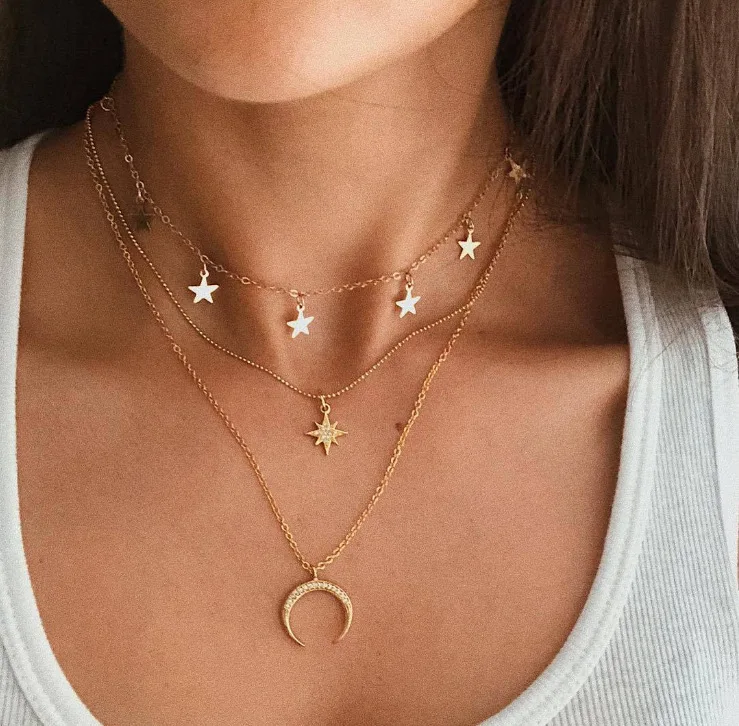 

Creative Retro Simple Jewelry Eight Pointed Star Crescent Pendant Clavicle Chain Three Layer Necklace