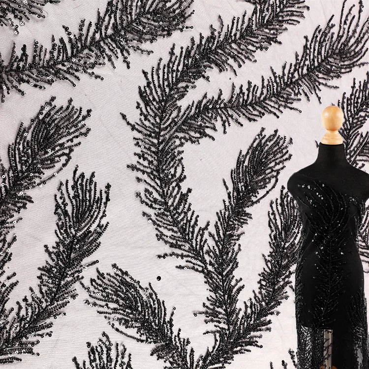 

MX661 2020 New Fashion Black Embroidery Sequin Lace Fabric For Evening Dress, Support custom colors