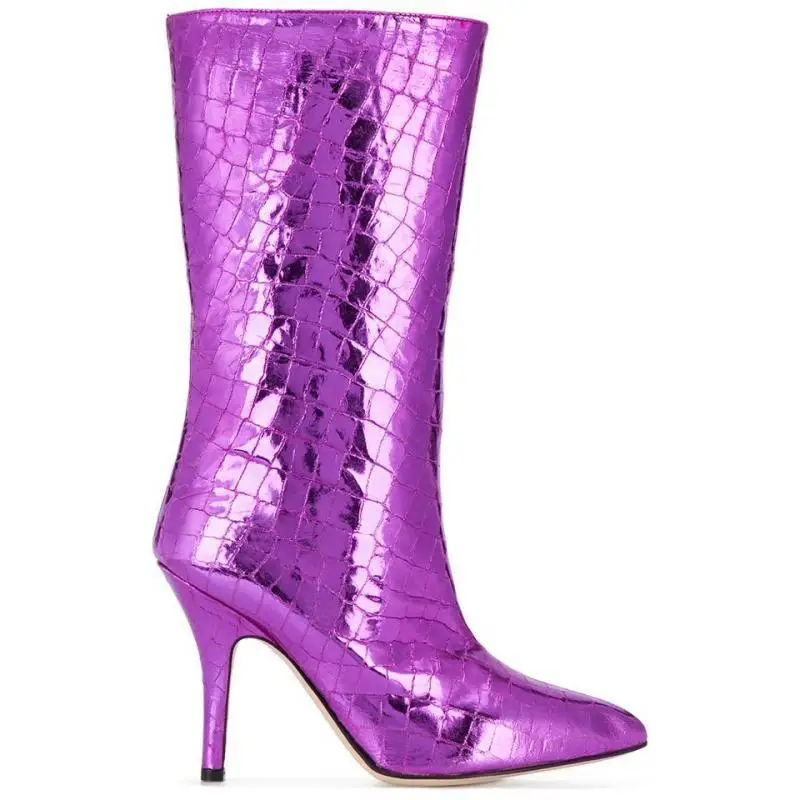 

European And American New Large Size Snake Print Pointed Toe Stiletto Mid Tube Women Ankle Boots, White, green, purple, blue, khaki, gray, light blue, silver, apricot