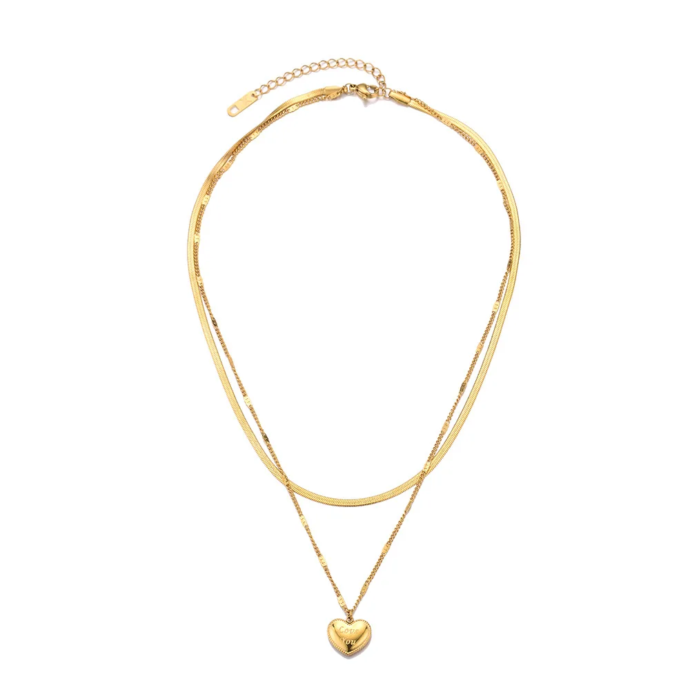 

Simple style gold plated stainless steel heart double layered gold necklace, As pic