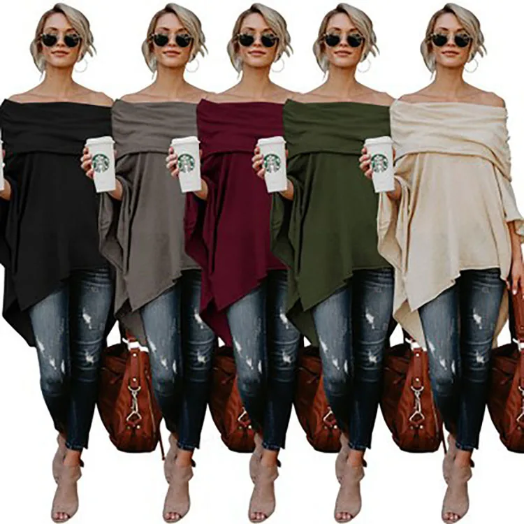 

high quality women plus size long sleeve blank cotton blank vintage off the shoulder casual irregular shirts t-shirt