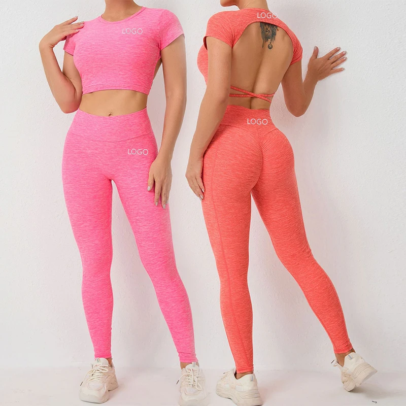 

XW-71240+46324 New Design Scrunch Butt Leggings Comfortable Wear Short Sleeve top Yoga Gym Fitness Sets Clothing Women