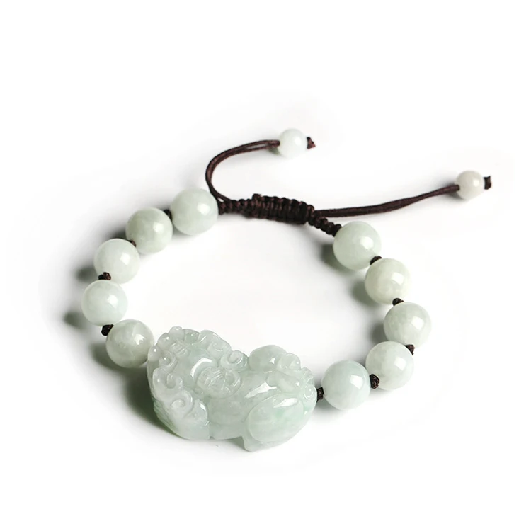 

Certificate Natural Jadeite Jade Pixiu Bracelet Male And Female Model A Hand Woven Jade Bracelet 10Mm Round Bead Pixiu