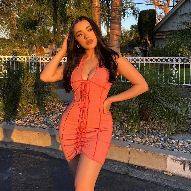 

H6746 - Fashion Fit Knitted Sleeveless Halter Solid Bodycon Dress Women