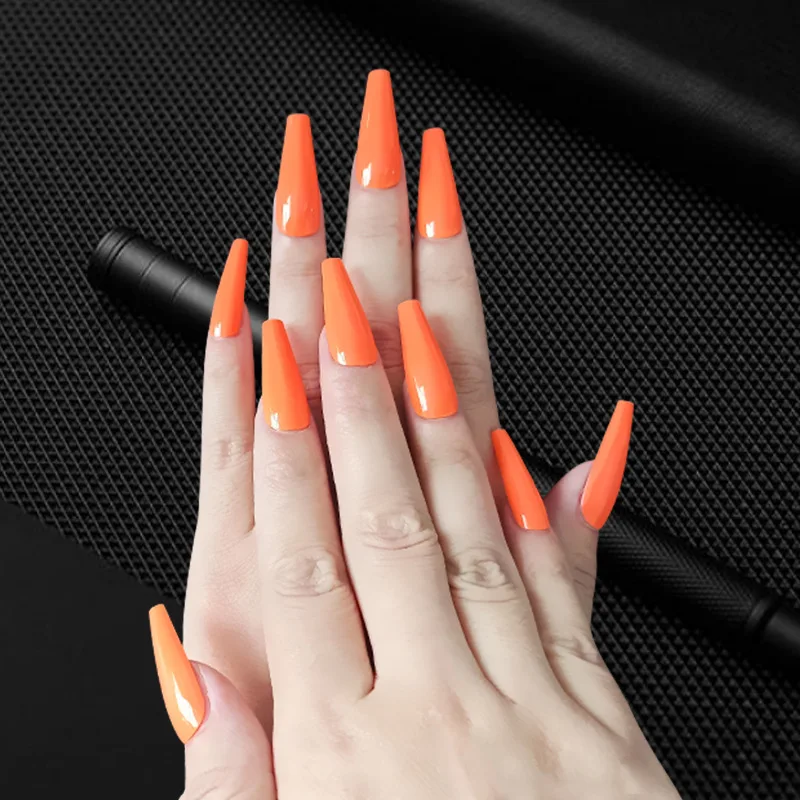 

Wholesale Luxury Nails Vendor Pure Color Ballet Long Press On Full Cover Artificial False Nails Tips Set With Box, Orange