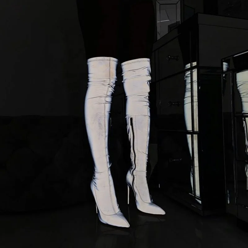 

Custom Sexy Women Reflective Thigh high Stiletto Boots Zip Pointed Toe Over The Knee High Boots