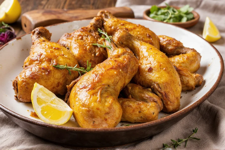 Golden turmeric roast chicken with lemon wedges and fresh herbs on ceramic platter