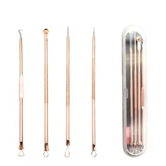 

Hot sale best quality 4 pcs facial cleaning tool set Comedone Extractor Blackhead Remover Acne Treatment Pimple Popper Tool Kit, Silver and rose golden
