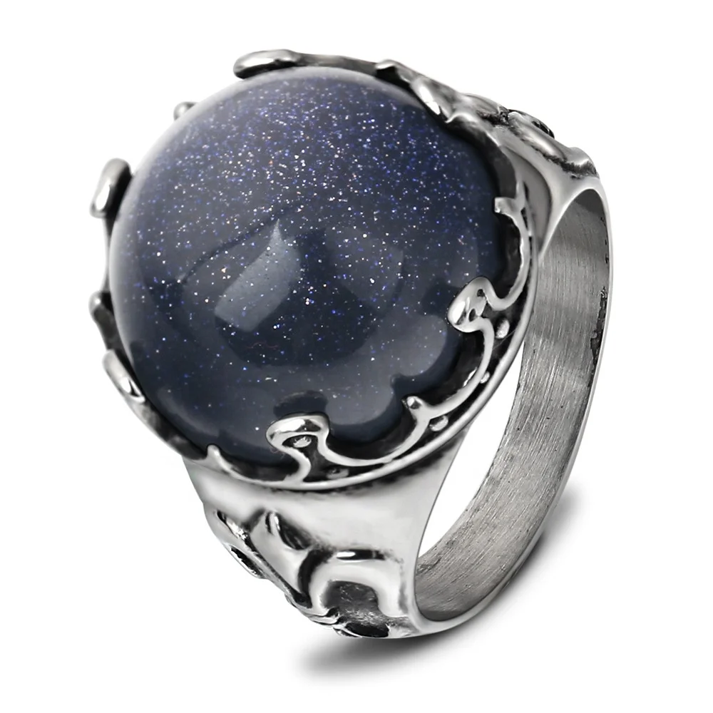 

Hip hop Retro Blue sandstone ring titanium steel jewelry wholesale diamond ring, Silver color
