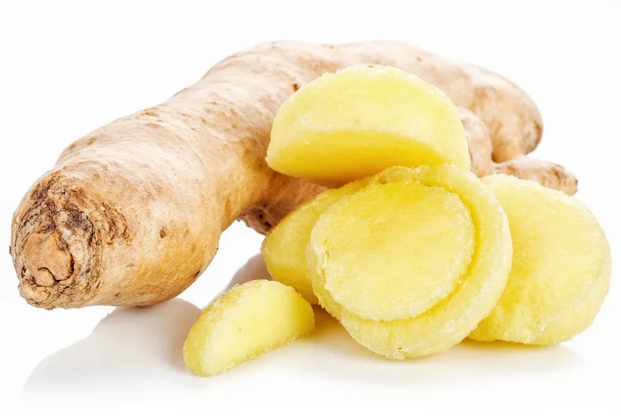 Side-by-side comparison of fresh ginger root and ground ginger powder in measuring spoons