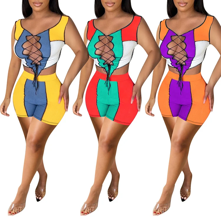 

Sexy fashion sport style summer ribbed 2021 2 piece set women, 3 colors
