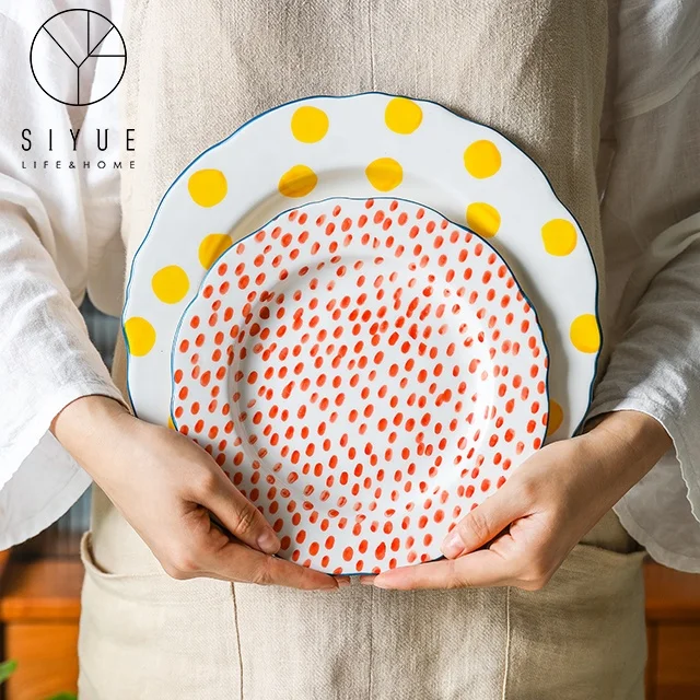 

Household Big Ceramic Dinner Square Plate Cheap for Wedding 1444, Yellow/pink