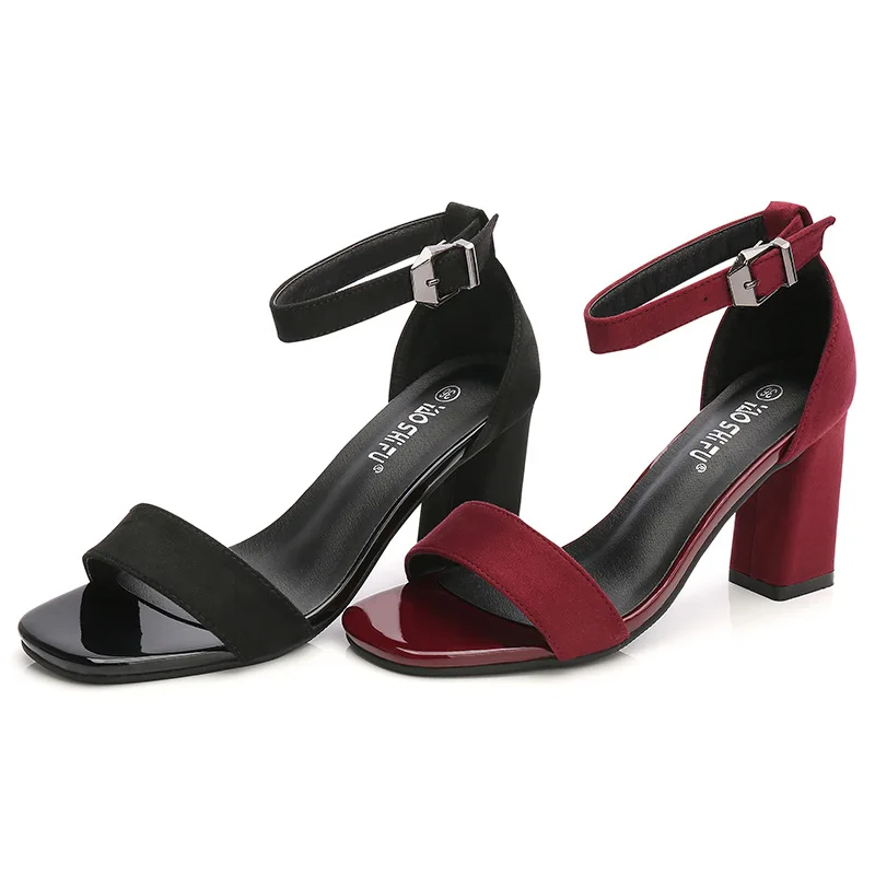 

5CM/7CM Elegant Ankle Strap Design Peep Square Toes Chunky Block High Heel Shoes Summer 2021 Women's Sandals, Black, red
