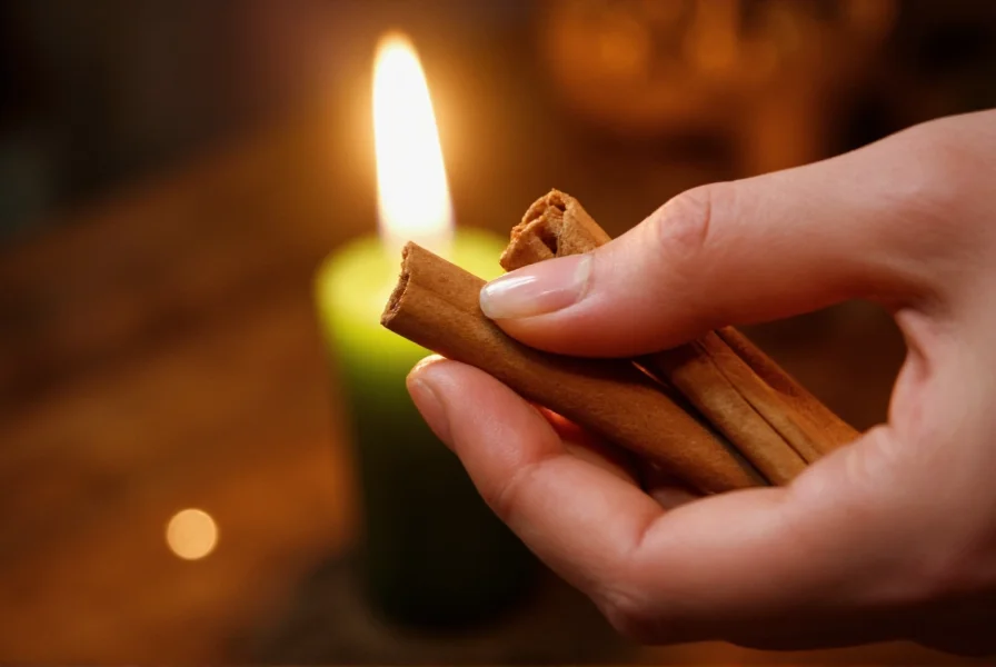 Hand holding cinnamon sticks over lit green candle for prosperity ritual, soft focus background
