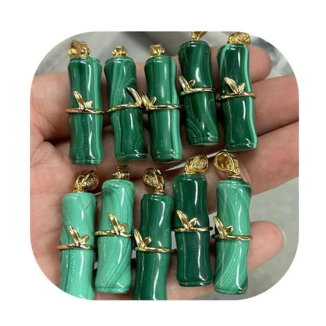 

New arrivals gold clasp 25mm carved crystals healing jewelry 100% natural green malachite Bamboo pendants for sale