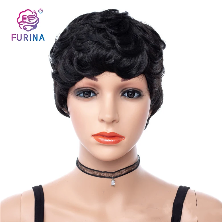 

Factory direct sale cheapest high temperature synthetic non lace 1b# Pixie cut machine made hair