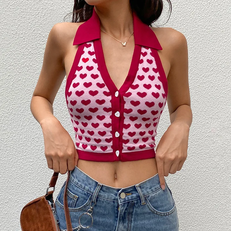

Y2K Summer Heart Print Sleeveless Halter Crop Tops Ladies Sexy Backless Women Knitted Tanks top, Blue red brown
