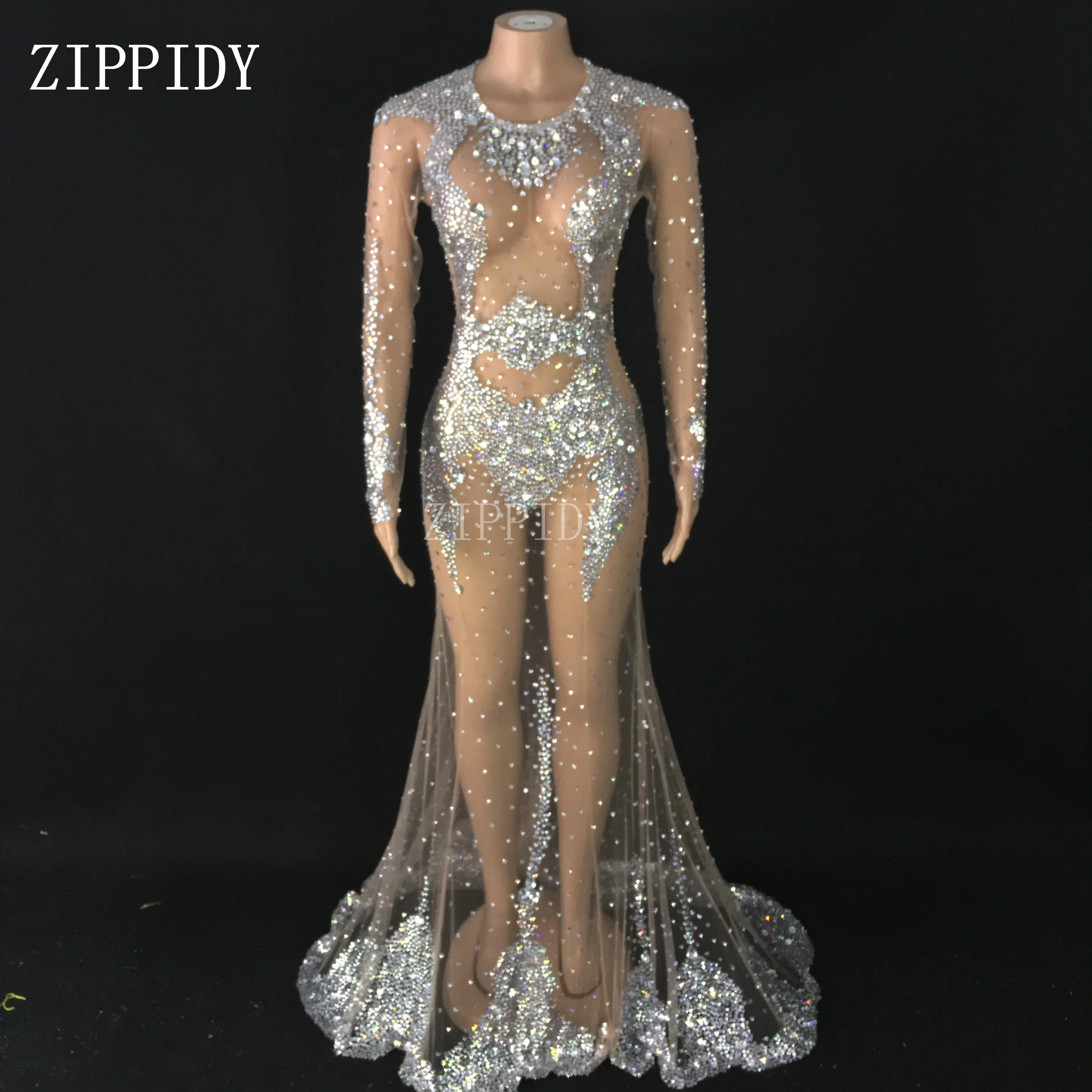 

See Through Silver Rhinestones Long Tail Dress Women Birthday Celebrate Transparent Dress Prom Mesh Stretch Outfit Women Dresses