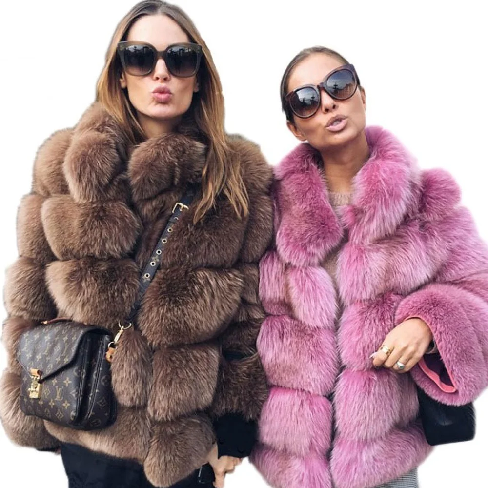 2019 winter factory direct sales fashion women pink super soft warm faux fox fur coat