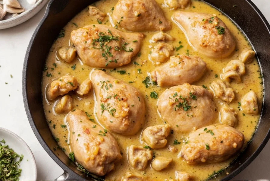 Close-up of roasted garlic cloves alongside golden chicken pieces