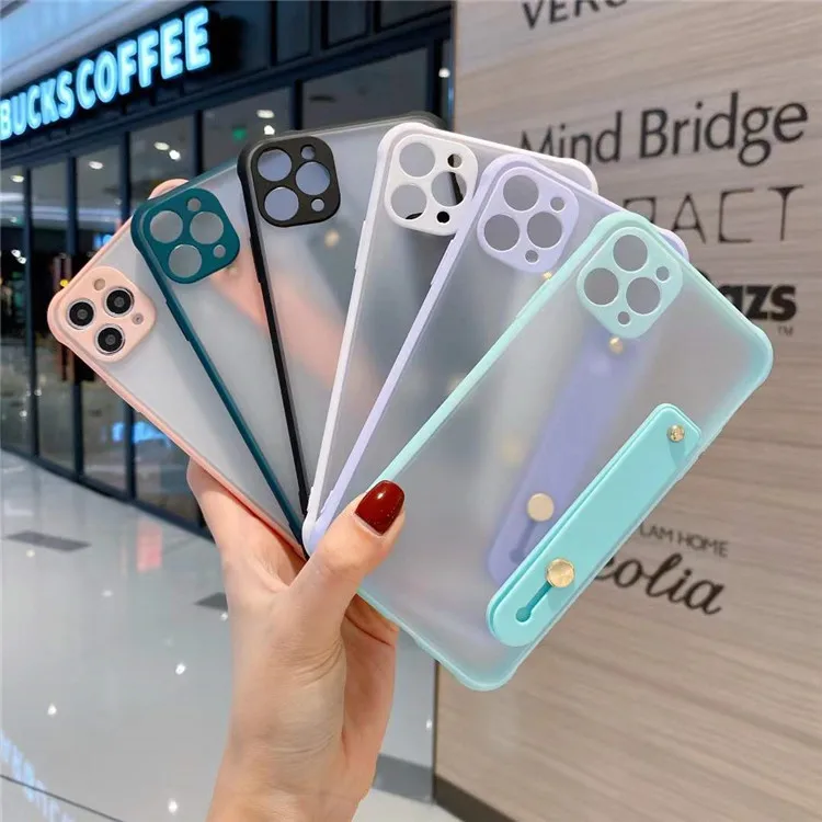 

Candy Color Wristband Bumper Phone Case for iPhone 12 12 Pro Max 11 Pro Stand Wrist Strap Holder Transparent Clear Back Cover, As picture shown