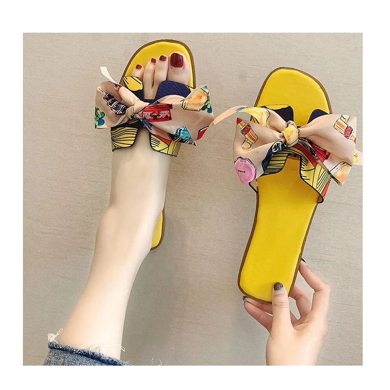 

2021 Summer Fashion Women's Bow Slippers Indoor Outdoor Flip-flops Floral Beach Shoes D0548