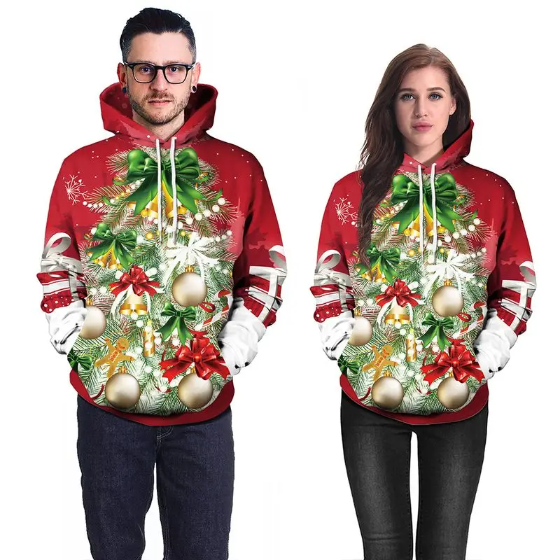 

New Style Top Graphic Design Christmas Tree Jingle Bell Printed Woman'S Hooded Men'S Sweatshirt Pullover Hoodies