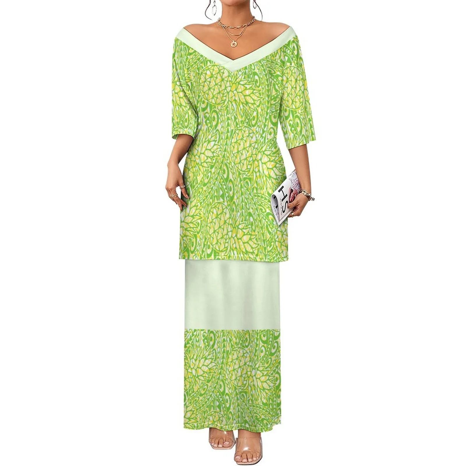 Wholesale Custom Big People Maxi Dresses Print Polynesian Samoan Tribal Pattern Design Elegant Casual Puletasi Dress Set