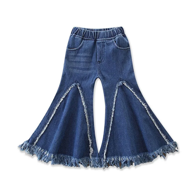 

Hot sale wide leg large bottom denim fringe kids pant latest design girls jeans, As picture show