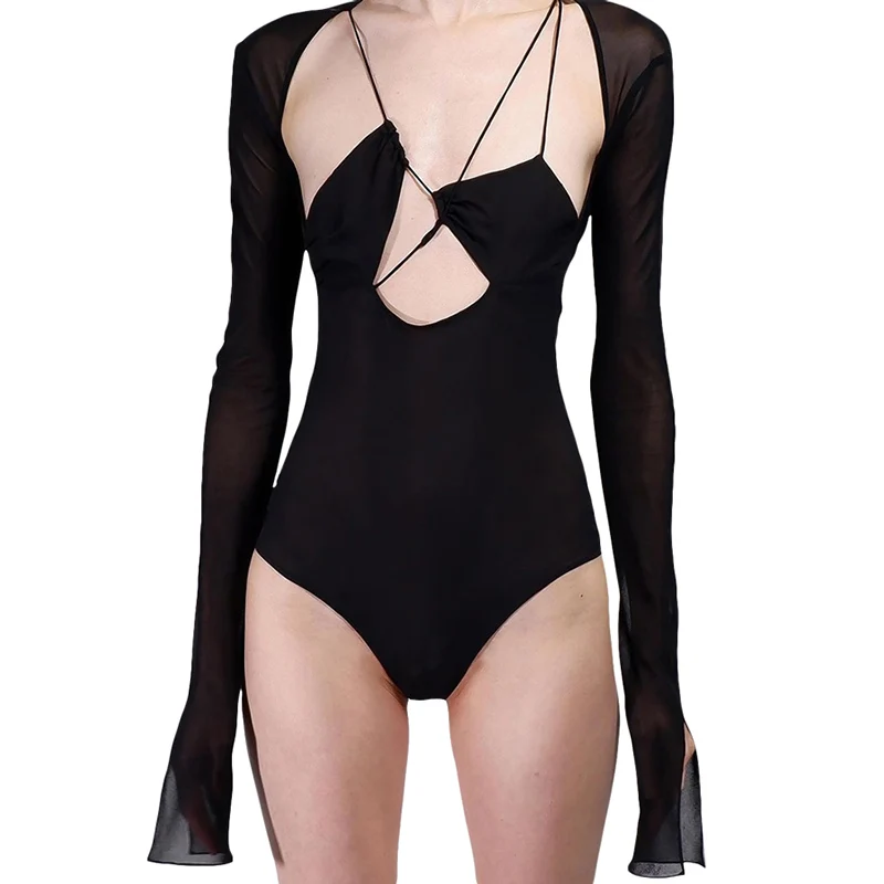 

2021 INS women hollow out v-neck mesh bodysuits sexy splice long sleeve jumpsuit fashion boutique women clothing, As picture shown or customized following customer design