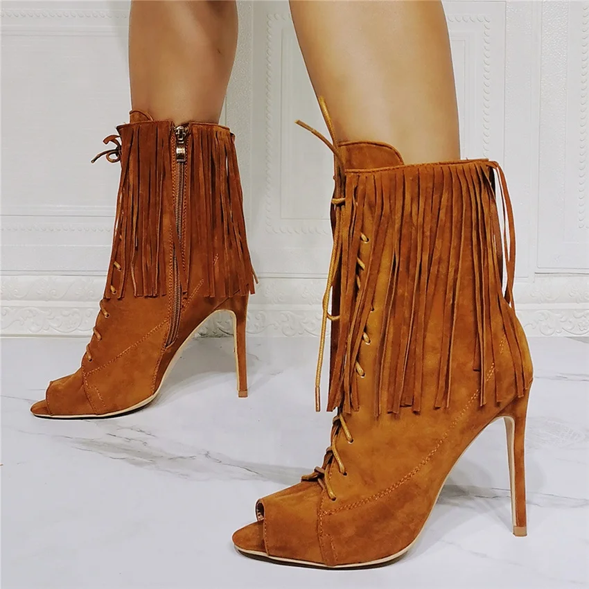 

Sexy Peep Toe Stiletto Heel Suede Upper Summer Short Booties Fashionable Tassel Zipper Brown Ankle Boots for Ladies Plus Size 14