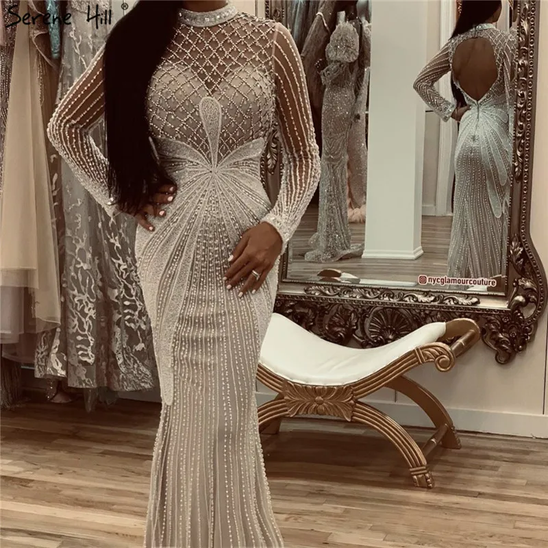 

2020 Dubai Style Long Sleeves Sexy Women Mermaid Formal Evening Gowns Prom Dress Girls White Nude With Beads Serene Hill LA70274