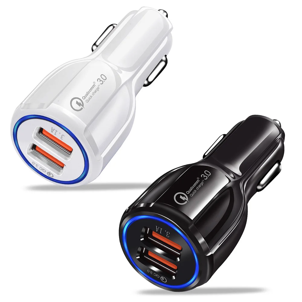 

Car USB Charger Quick Charge QC3.0 3.1A Dual USB Mobile Phone Charger, Black / white