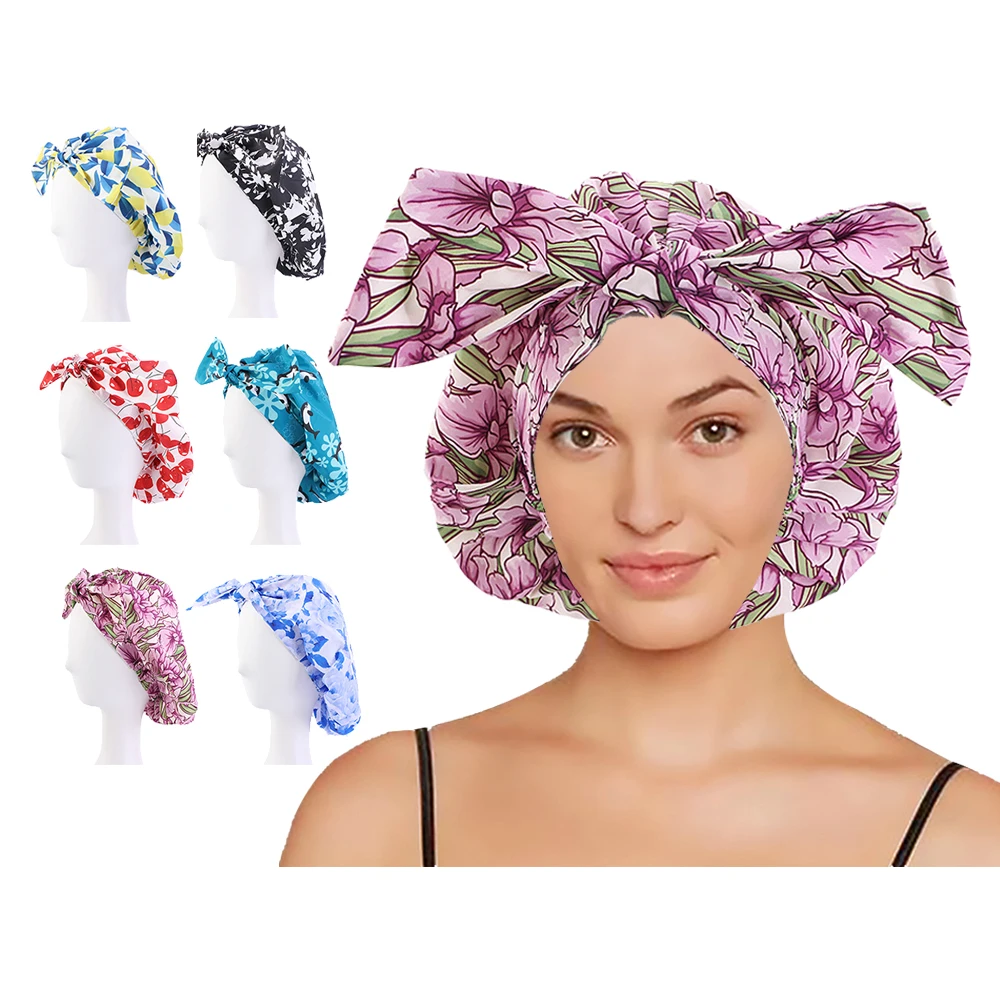

new style bonnet reusable bath cap turban hair printed shower cap waterproof PE inner layer for women turbans with bow, 6 colors
