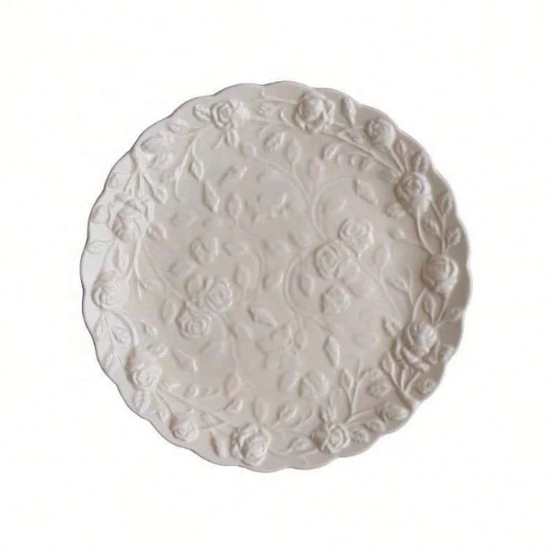 

Porcelain European Embossed Wavy Edge Flower Plate Creative Healthy Fashionable Modern Design Dish, White