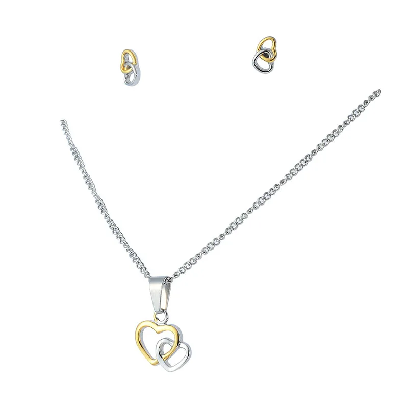 

2 Gold Heart Necklace Earrings Stainless Steel Jewelry Set for Kid